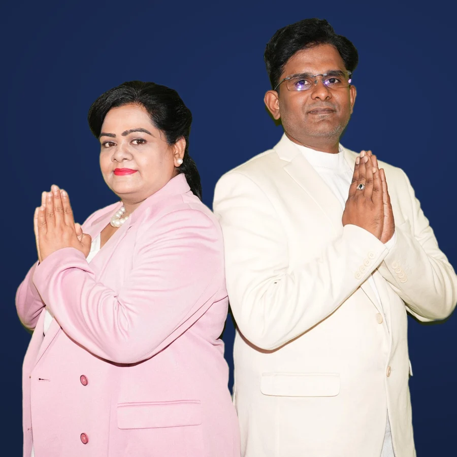 Acharya Rajan and Vertika Misra, founders of Astras Viesion, greeting with namaste